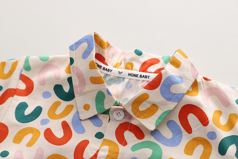 さらっと涼しくおしゃれに決まる 男の子半袖シャツ＆ショーツセット レター柄プリント コットン 80〜120cm