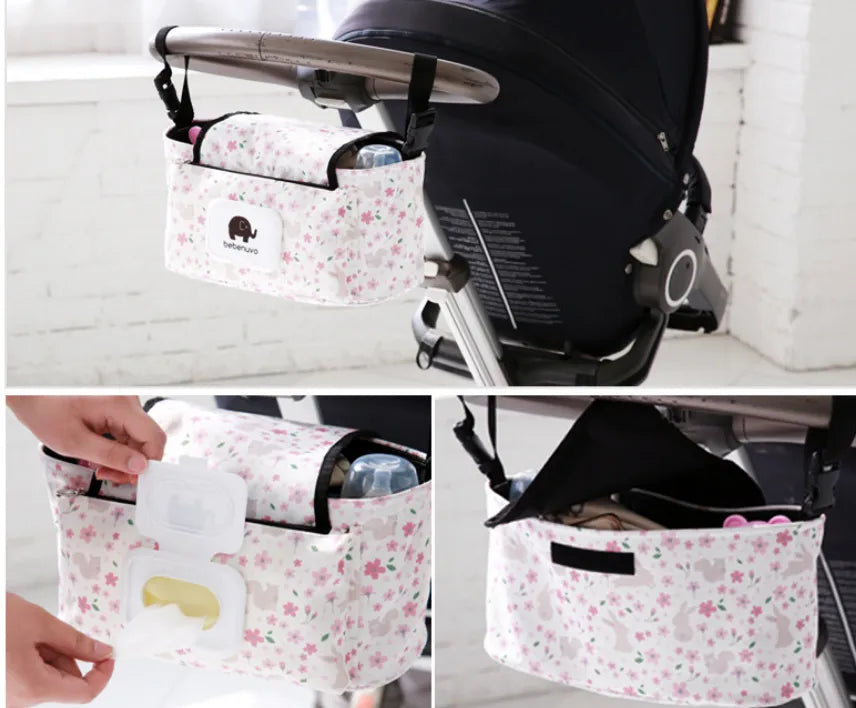 フラワー柄の収納オーガナイザーをハンドルに装着した使用イメージ（ハンドルオーガナイザー）
