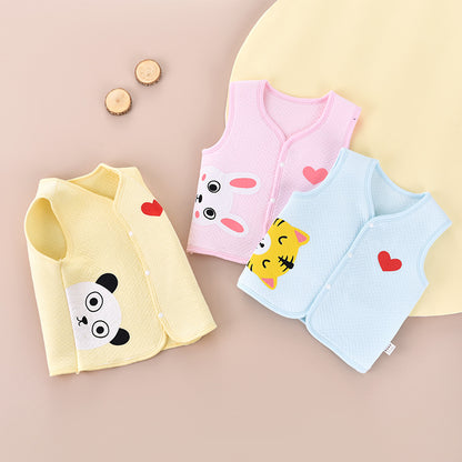 ピンクイエローブルーの男女兼用ベビーコットンベスト3色セット

