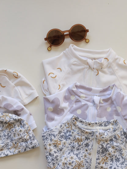 キッズ女の子 UV対策 ラッシュガード風 長袖ワンピース水着 フロントジップ フリル付き 高伸縮ポリエステル 80cm・90cm・100cm・110cm・120cm・130cm