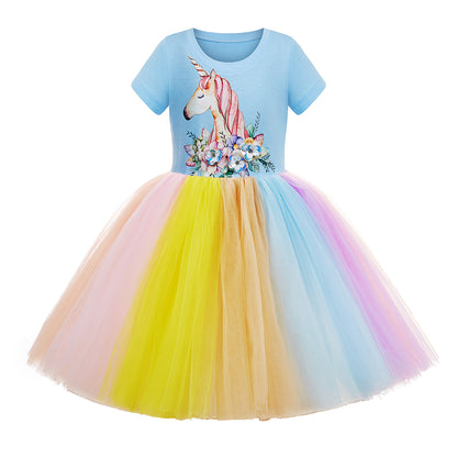 夢みたいにふんわり可愛く決まる 女の子半袖ドッキングワンピース ユニコーンプリント レインボーチュール コットン×ポリエステル 100~150cm