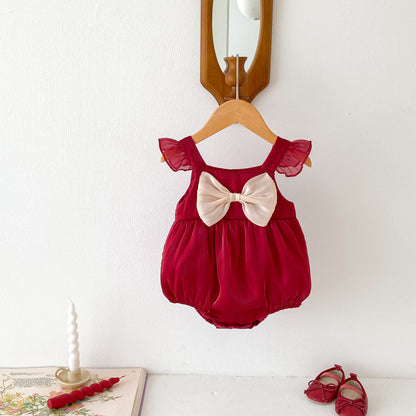 さらっと軽やかに可愛く決まる 女の子ベビーノースリーブロンパース サロペット風ダブルボタン コットン レッド 66~90cm