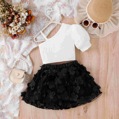特別感がさらりと叶う 女の子ワンショルダートップス＆立体フラワーチュールスカートセット パフスリーブ大きめリボン コットン混 4~7歳