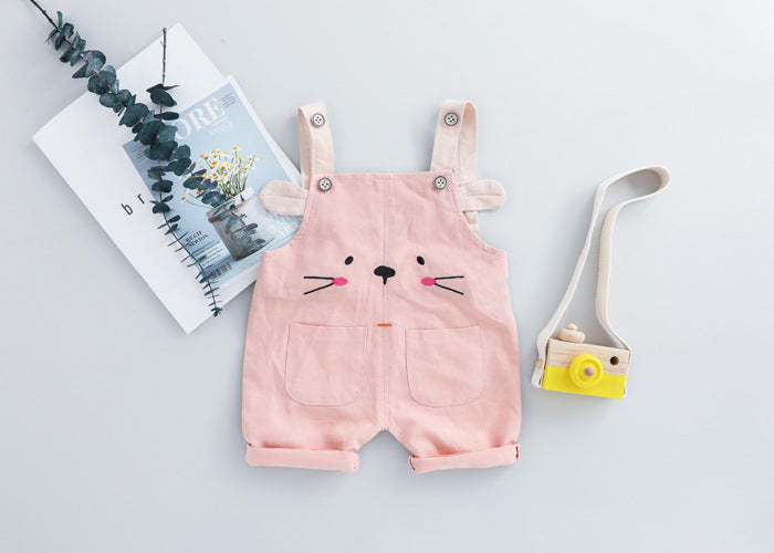 コーデが一瞬で完成して動きやすい 子どもボーダー半袖Tシャツ＆アニマルフェイスサロペットオーバーオール2点セット ブルー・ピンク 70~100cm