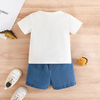 元気いっぱい夏コーデが完成する 男の子恐竜プリント半袖Tシャツ＆デニムショーツセット ポリエステルニット 9〜12ヶ月〜3〜4歳