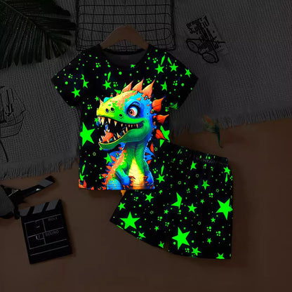 さらっと涼しい夏の毎日に 男の子半袖ルームウェア上下セット 恐竜カートゥーン＆星柄 ネオン風プリント ポリエステル薄手 2〜7歳