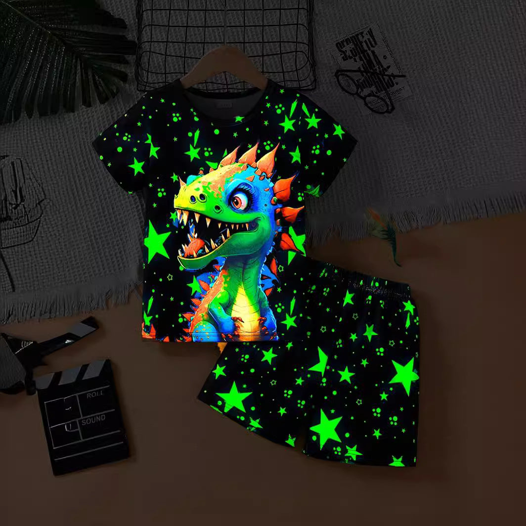 さらっと涼しい夏の毎日に 男の子半袖ルームウェア上下セット 恐竜カートゥーン＆星柄 ネオン風プリント ポリエステル薄手 2〜7歳