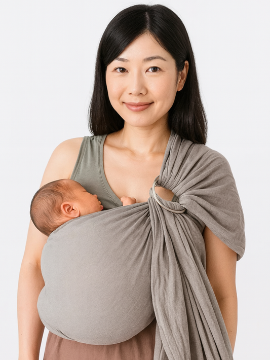 シンプルなグレーのリングスリングで新生児を胸元に抱っこしている日本人ママのイメージ 赤ちゃん抱っこひも使用シーン
