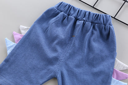 元気いっぱいに映える 子ども半袖上下セット 恐竜カートゥーンアップリケ 五分丈ショーツ コットン95% 80~110cm