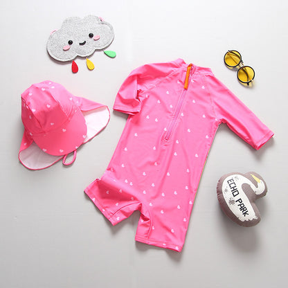 キッズ長袖ラッシュガード水着 ピンク・レッド 前開きファスナー 90・100・110・120・130cm ポリエステル100% サンスクリーンスイムウェア