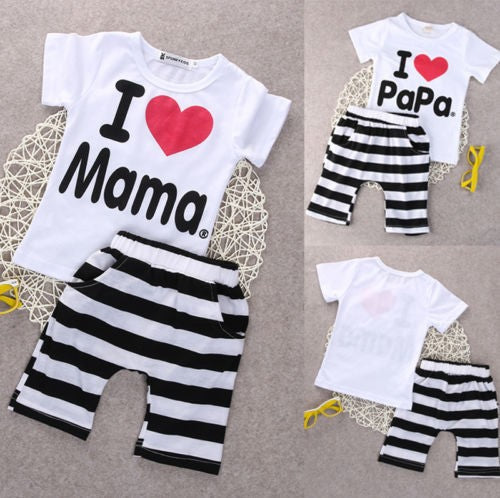 毎日がもっと可愛くなる 子ども半袖Tシャツ＆ボーダーショーツ上下セット I♥Mama ・ I♥Papa プリントデザイン 80〜100cm