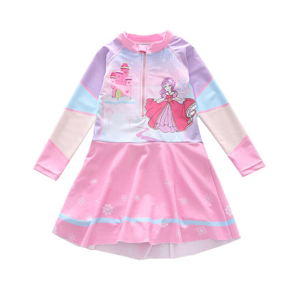 キッズ女の子 長袖ドレス風ワンピース水着 マーメイド柄 ハーフジップ 速乾ポリエステル 3〜14歳