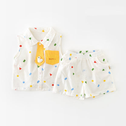 さらっと涼しく夏の韓国風コーデが完成する 子どもノースリーブベスト＆ショートパンツセット 幾何学刺繍デザイン コットン ホワイト 73〜100cm