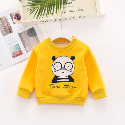 くまプリントと英字ロゴが入った裏起毛キッズスウェットトップス
