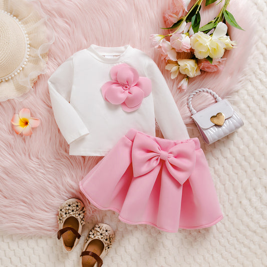 女の子用ビッグリボンスカートと長袖トップス2点セット全体写真
