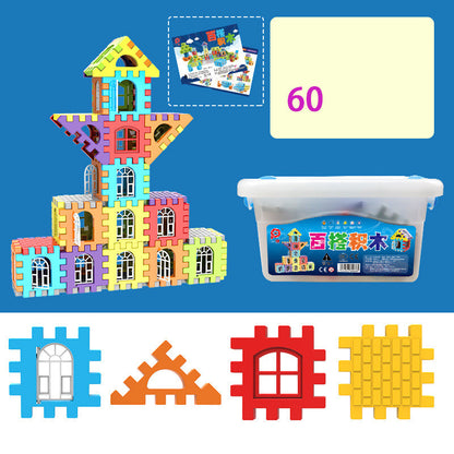 60ピース入り収納バッグとブロックで組んだ複数の建物モデルを中央に配置し 下部にブロック形状を並べたパッケージイメージ
