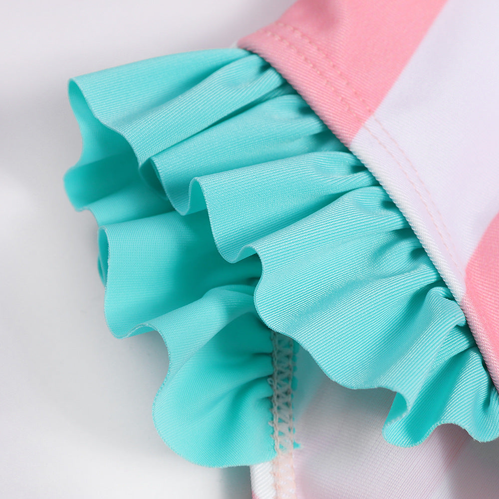 女の子用スイカ柄ワンピース水着 ピンクストライプ×フリル 伸縮フィットでプール・海に 18ヶ月〜9歳