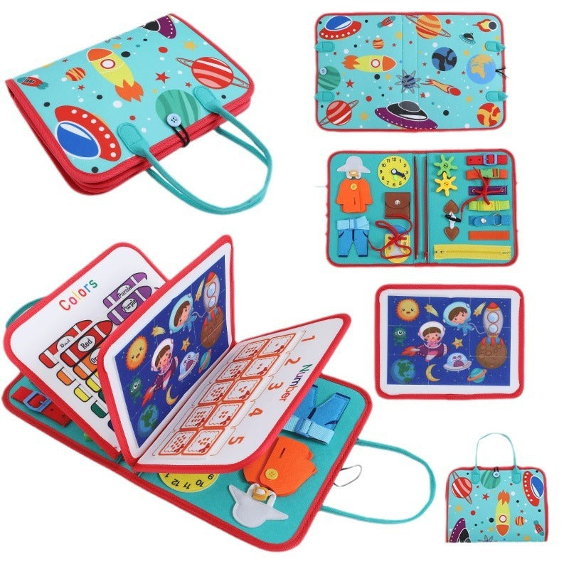青色のモンテッソーリ知育バッグ、宇宙テーマのパーツと手先練習アクティビティが揃った幼児向け学習セット  
