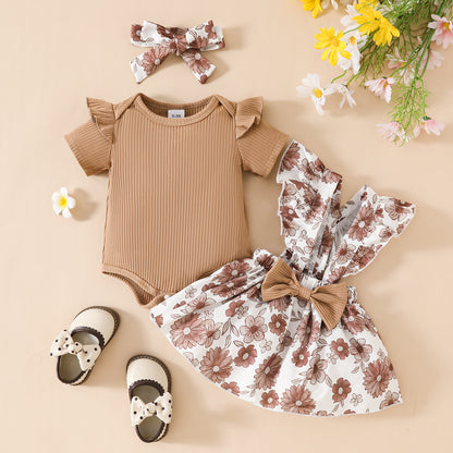 ふんわりおめかしが一瞬で完成する 女の子ロンパース付きサスペンダースカート3点セット 花柄リボンヘアバンド ニット素材 ポリエステル 0〜18ヶ月