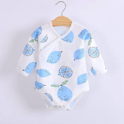 ブルーレモン柄の長袖コットン打ち合わせロンパース 総柄プリント
