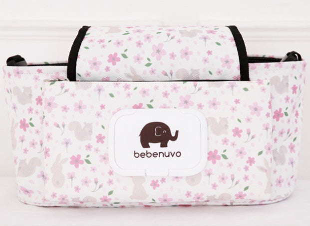 クッションフラワー柄のベビーカー用収納オーガナイザー正面ポケット付き（ベビーカー収納バッグ）
