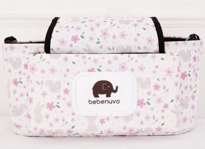 クッションフラワー柄のベビーカー用収納オーガナイザー正面ポケット付き（ベビーカー収納バッグ）
