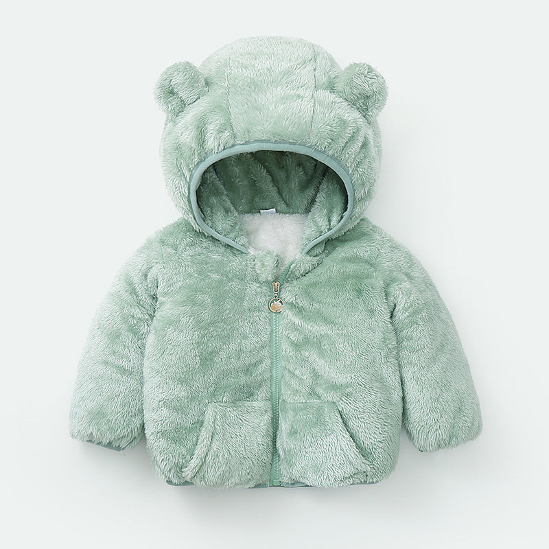 kids fuzzy ear hooded jacket mint green color front view on hanger
