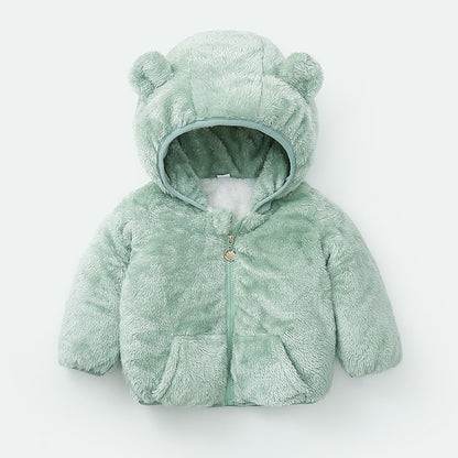 kids fuzzy ear hooded jacket mint green color front view on hanger
