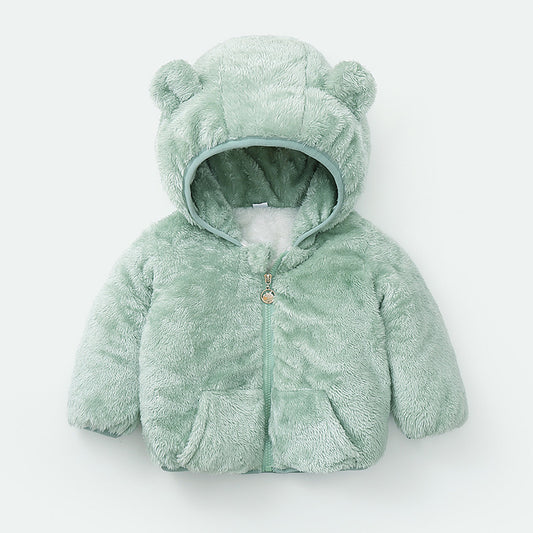 kids fuzzy ear hooded jacket mint green color front view on hanger
