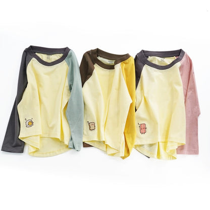 配色ラグランデザインのキッズ長袖コットンTシャツ正面
