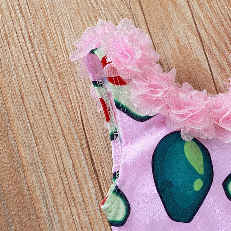 アボカド柄 ピンク キッズワンピース水着｜フラワーネックデザイン・80〜120cm