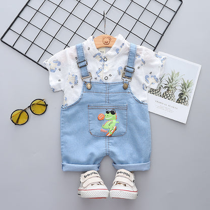 夏のおでかけがきちんと可愛く決まる 男の子半袖シャツ＆デニムサロペットショーツ上下セット 恐竜プリント コットン 80~110cm