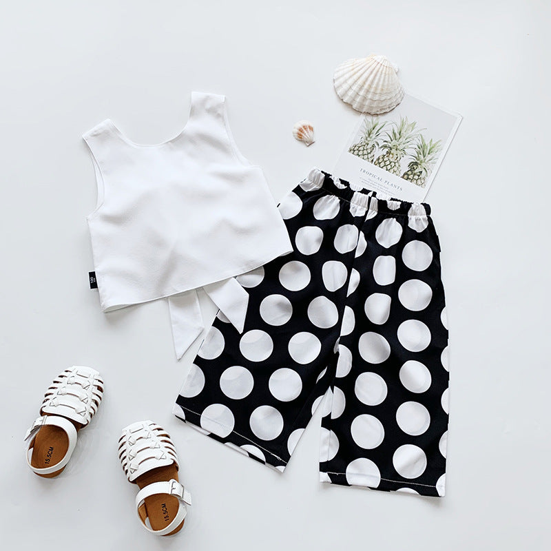 後ろ姿まで可愛く決まる 女の子ノースリーブトップス＆ワイドパンツセット バックリボン×ドット柄 ポリエステル 80〜130cm