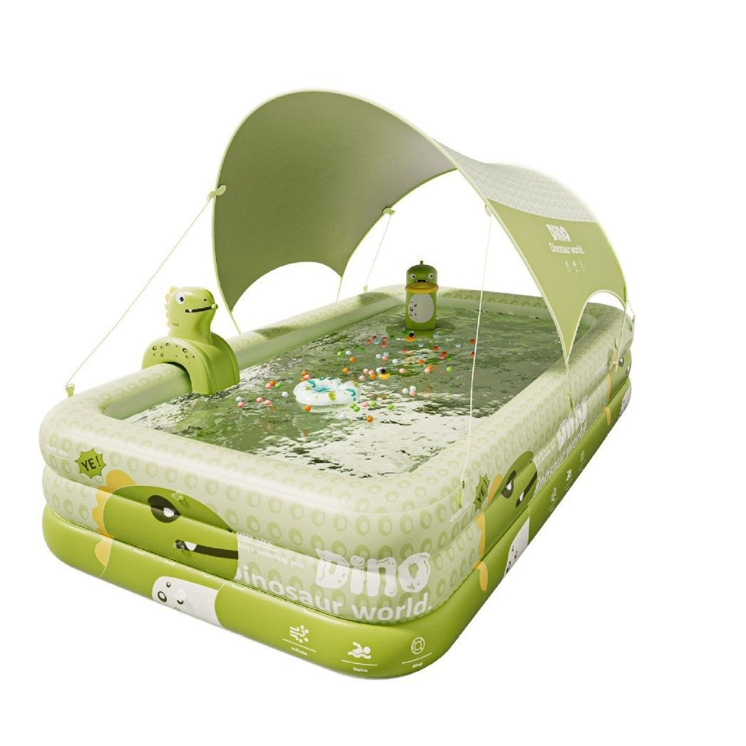 恐竜デザイン 日よけシェード付きインフレータブルプール 3層PVC・排水口付き 家庭用おうちプール（ドラゴンベビーグリーン／150・180・210cm）