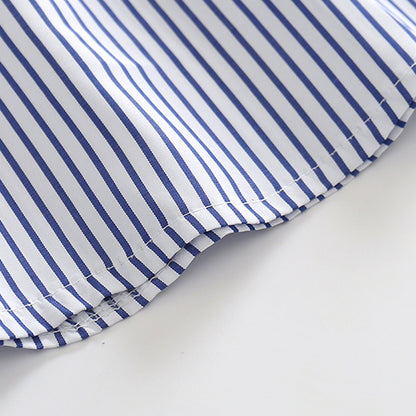 きちんと感でおでかけが映える 男の子襟付き半袖シャツ＆ホワイトショートパンツ上下セット ストライプ柄 コットン 90~130cm