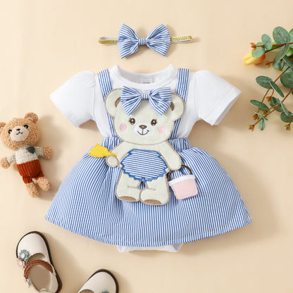 ふんわり可愛くおめかしできる 女の子ベビーカエルモチーフ半袖ロンパース＆ダブルスカート＆ヘアバンド3点セット コットンニット 0〜18ヶ月