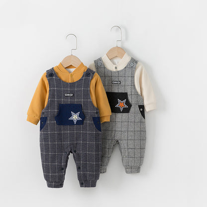 きちんと可愛いおでかけが完成する 男の子ベビー上下セット チェック柄サロペット 星ワッペン コットン95% 66~90cm