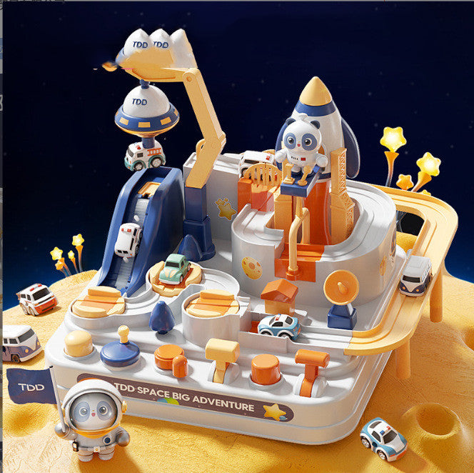 宇宙空間風の背景の上に配置された宇宙スペースアドベンチャー軌道カー トラックセットのイメージ写真
