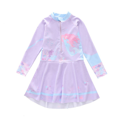 キッズ女の子 長袖ドレス風ワンピース水着 マーメイド柄 ハーフジップ 速乾ポリエステル 3〜14歳