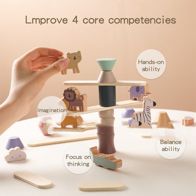 恐竜や動物の木製ブロックを積み上げたバランスゲームの全体画像
