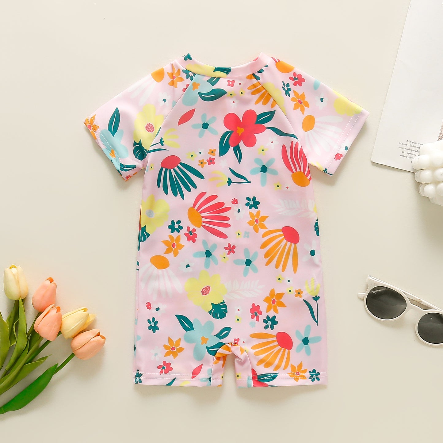 ベビーひまわり花柄 スイムロンパース水着｜半袖ラグラン・ユニセックス 70・80・90・100・110cm