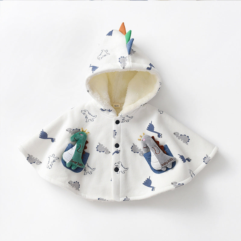 恐竜柄プリントが全面に入ったフード付きベビーポンチョケープの正面画像

