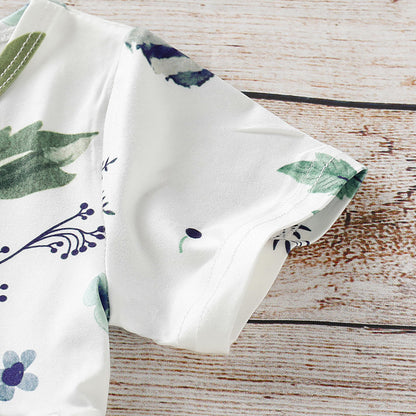 上品ローズ花柄が映える 女の子半袖チュニック＆デニムパンツ上下セット ダメージデニムデザイン コットン 80~110cm