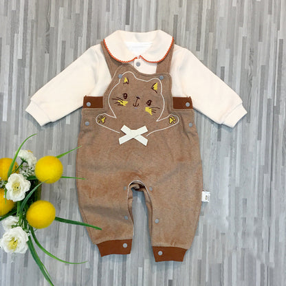 重ね着風でおめかしが叶う 女の子ビブサロペット上下セット ねこプリント 丸襟ロングスリーブ コットン95% 66~90cm