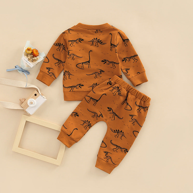 のびのび動けて毎日が楽しくなる 子ども長袖トップス＆ロングパンツ上下セット 恐竜ボーンプリント コットン ライトブラウン 70~110cm