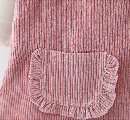 やさしく可憐に着映える 女の子ジャンパースカート上下セット きりん刺繍 レース襟トップス コットン 80~100cm