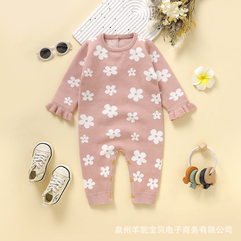 女の子用小花柄ニットロンパース 長袖 前開き 春秋 高伸縮コアスパン糸 62〜86cm | Baby Flower Knit One-piece Romper Soft Stretch Lumisei Prime