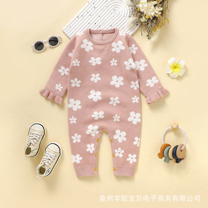 女の子用小花柄ニットロンパース 長袖 前開き 春秋 高伸縮コアスパン糸 62〜86cm | Baby Flower Knit One-piece Romper Soft Stretch Lumisei Prime