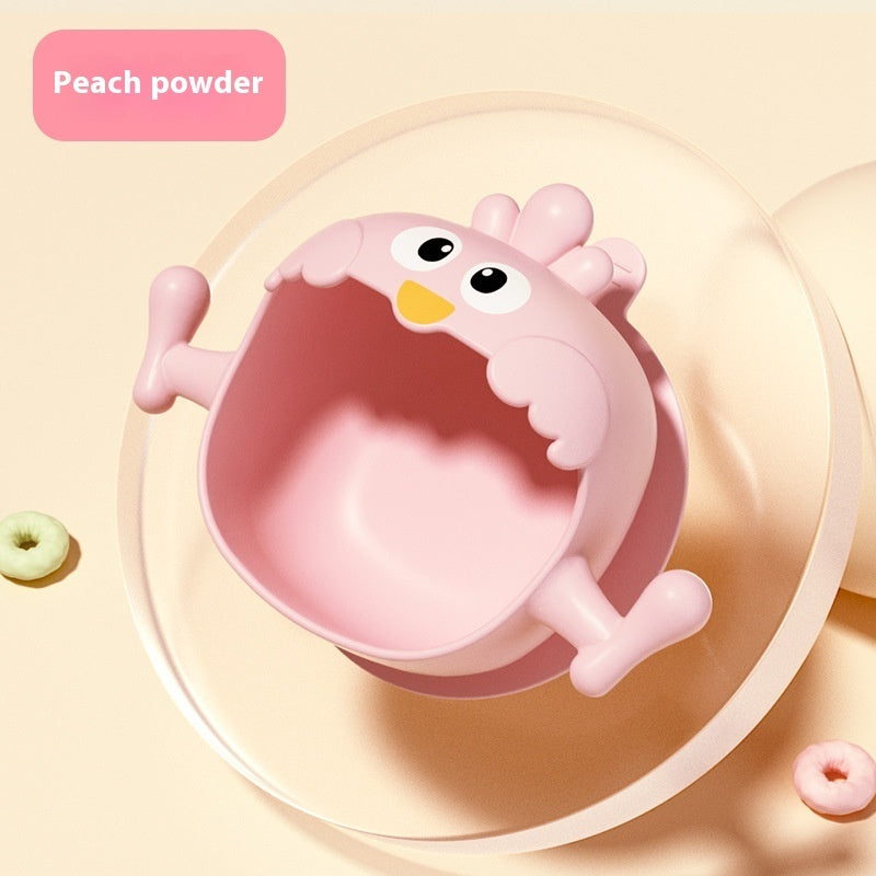 ピンクのひよこシリコンベビーボウル単品を斜めから写した画像（ひよこベビーボウル）
