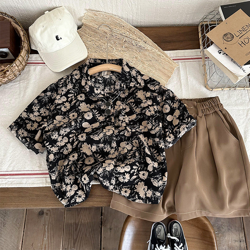 さらっと羽織れておしゃれに決まる 男の子キッズ半袖シャツ カモフラ柄 ブラック ポリエステル 90~140cm